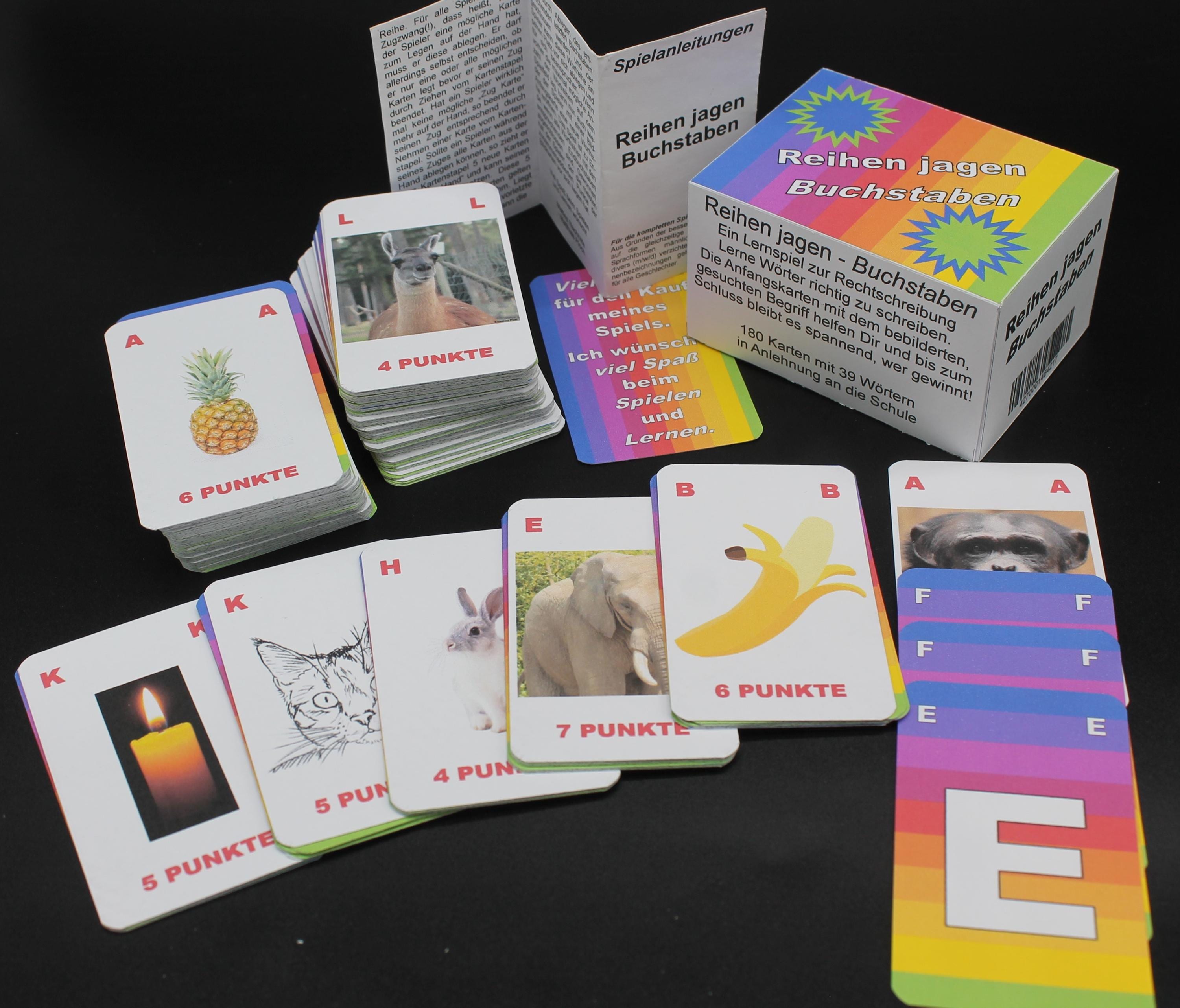 Chasing rows - letter learning game for spelling from 1st grade - 180 cards with 39 terms - all words from elementary school