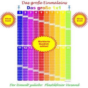 Poster d'apprentissage grande table de multiplication couleurs arc-en-ciel avec marquages carrés, 45 cm x 32 cm format DIN A3+, grand 1x1, papier solide 350 g