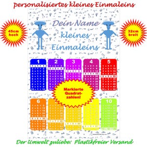 Póster de aprendizaje pequeña tabla de multiplicar colores del arco iris con marcas de números cuadrados, formato 45 cm x 32 cm DIN A3+, personalizado, pequeño 1x1