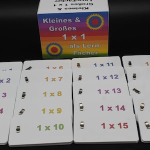 Könnte beinhalten: Ein Satz von 20 weißen Karten mit bunten Zahlen und Multiplikationsgleichungen. Die Karten sind mit "Kleines & Großes 1 x 1 als Lern-Facher" beschriftet und zeigen Gleichungen von 1 x 2 bis 1 x 20.