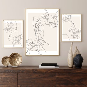 Set Of 3 Prints, Gallery Wall Art Print, Beige Decor, Living Room Wall Art Decor, Faces Line Art, Flower Line Art, Female Body Line Art
