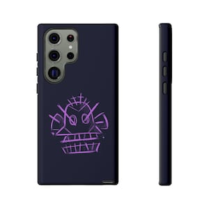 May include: A dark blue phone case with a purple cartoon skull design. The case has a cutout for the camera lens.