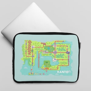 May include: A laptop sleeve featuring a map of the Kanto region from the Pokemon video game series. The map is illustrated in a colorful, pixelated style with red, blue, and green lines representing routes and towns. The text "KANTO" is printed in the lower right corner.