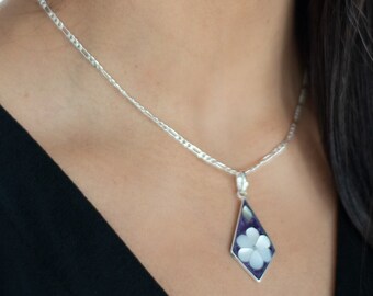 Jewelry Set: Silver Earrings and Necklace with Purple Enamel and White Flower Mother of Pearl  - S511