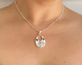 Vintage Alpaca Earrings and Necklace Set with Mother of Pearl and Pink Flowers  Mexican Enamel Inlay || P106