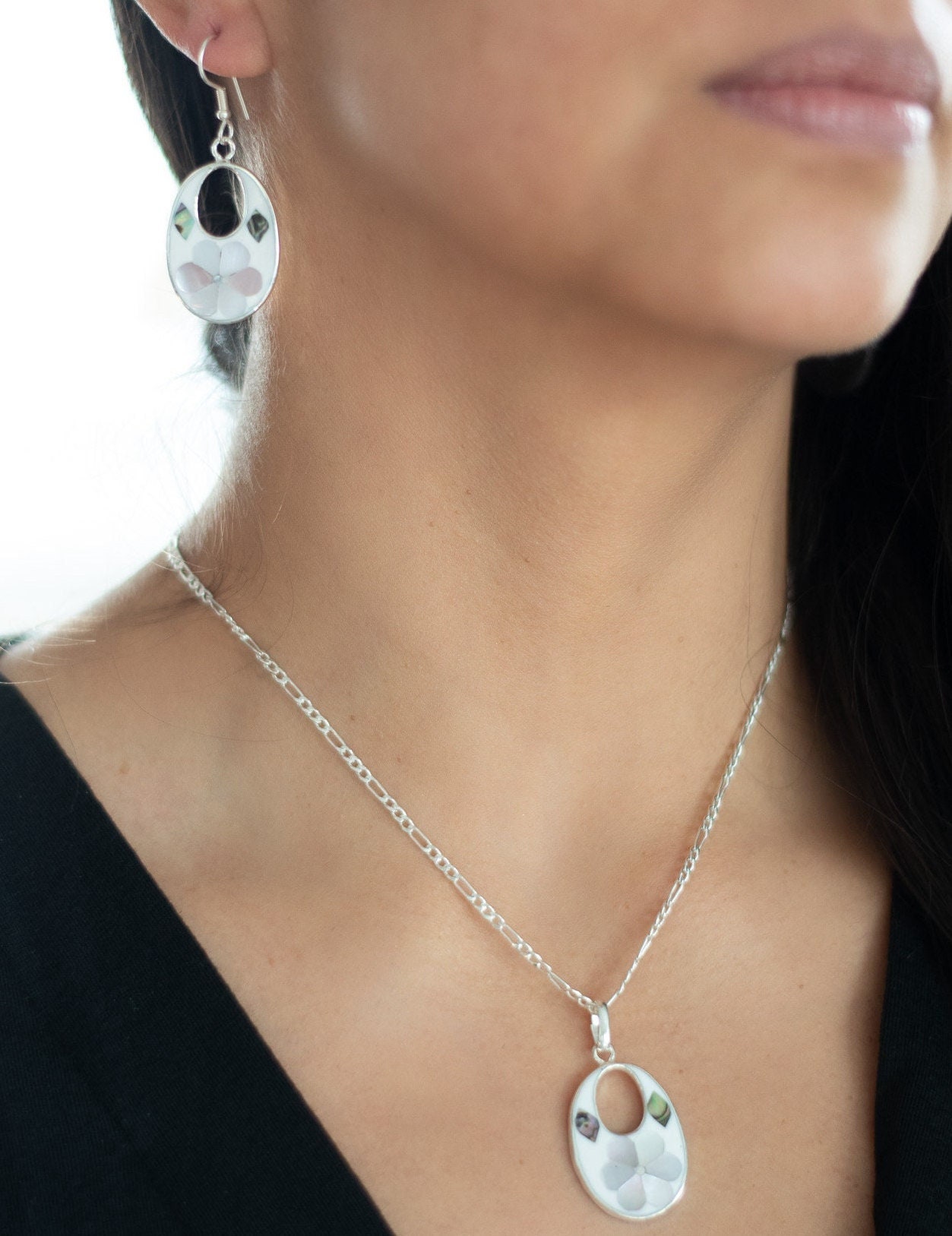 Silver Jewelry Set: Earrings and Necklace Featuring Mother