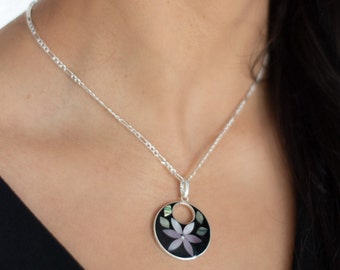 Vintage Mexican Alpaca Mother of Pearl Necklace - Black Enamel Inlay Pendant || P102