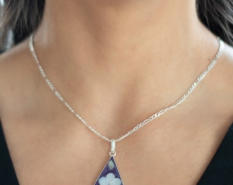 Purple Flower Mother of Pearl Necklace with Mexican Alpaca Pendant. Vintage Enamel Inlay  || P111