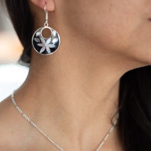 Vintage Mexican Alpaca Earrings with Mother of Pearl Flowers  Round Black Design  Boho Jewelry  Long Bohemian Mexican Earrings -  E302