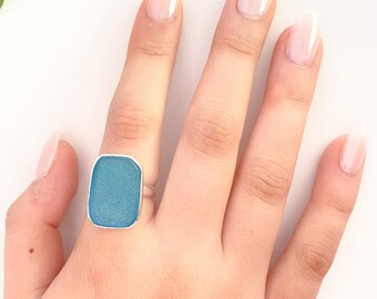 Blue Sea Glass Ring. Modern Silver Plated Ring  || A121