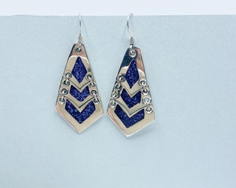 Three Tiered Hinged Dangle Earrings. Vintage Dangling Earrings with Silver Plate and Turquoise Enamel. Mexican Silver Plated Alpaca