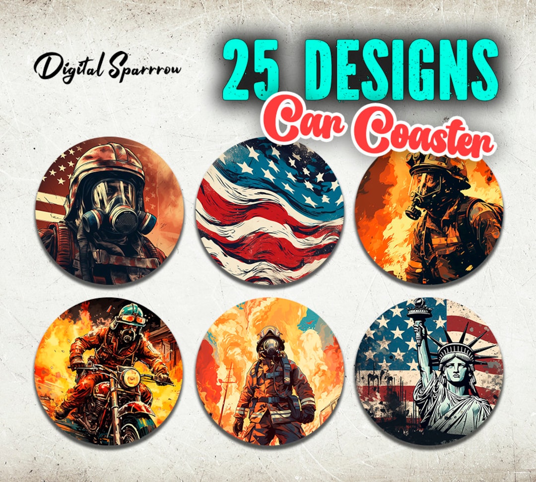 25 Firefighter Car Coaster Sublimation Designs Png, Red Thin Line Car ...