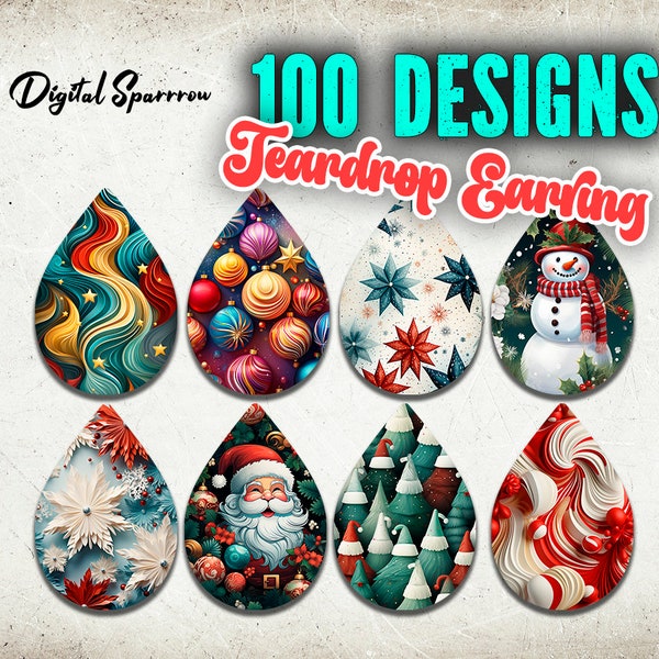 100 modèles de sublimation de boucles d’oreilles de Noël, boucle d’oreille du Père Noël Teardrop Png, conceptions de boucles d’oreilles par sublimation