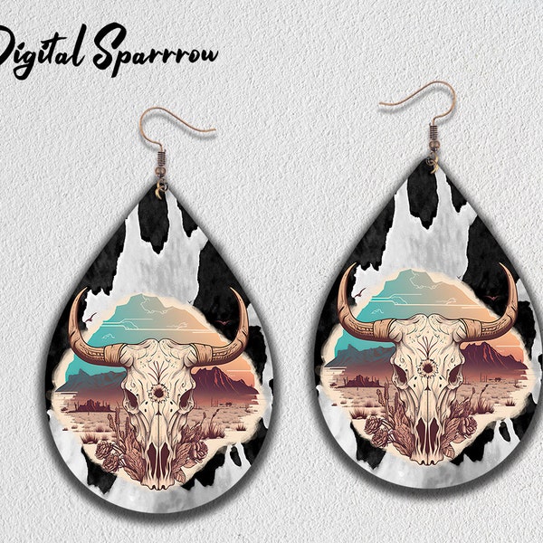 Cow Skull Teardrop Earring Png, Cow Print Sublimation Earring Designs, Western Earring Blank Designs, Instant Digital Download