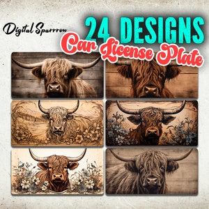 Highland Cow Cae License Plate Design Sublimation, Cowhide License Plate, Cow Design, License Plate Template Design