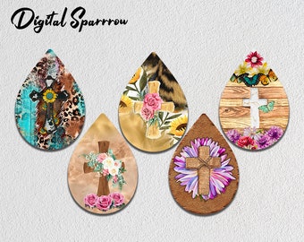 Western Cross Teardrop Earrings Png, Leopard Earring Sublimation Designs Png, Leopard Print, Instant Digital Download