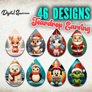 46 Christmas Earring Sublimation Designs, Santa Claus Earring Teardrop Png, Sublimation Earring Designs