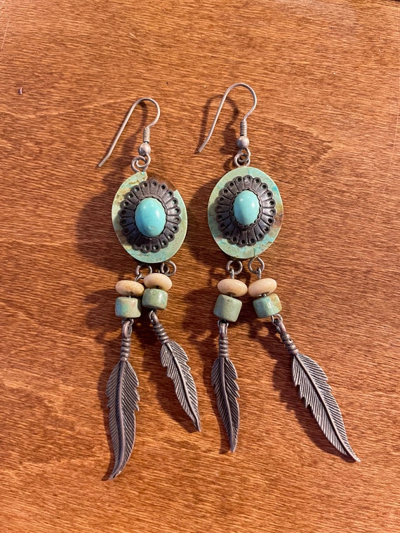 Turquoise feather dangle earrings - image 1