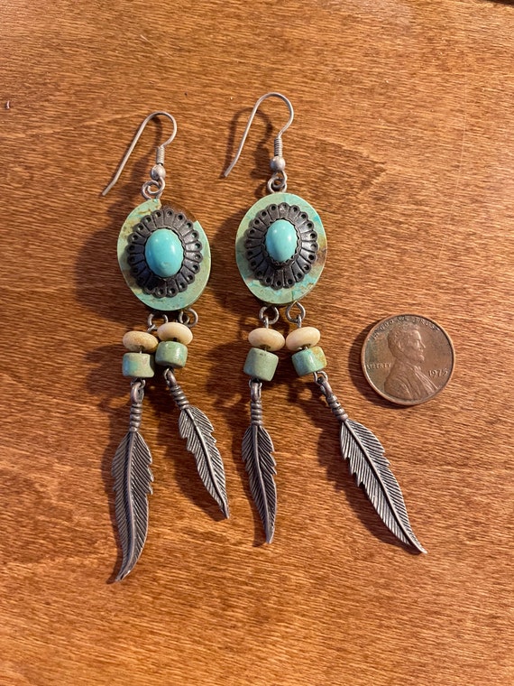Turquoise feather dangle earrings - image 2