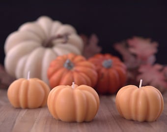May include: A collection of pumpkin-shaped candles in various sizes and colors. The foreground features several small, orange candles with white wicks. Behind them are larger pumpkins, including a white one and several orange ones, creating a fall-themed display.