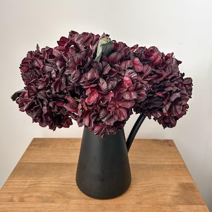 Könnte beinhalten: Ein Blumenstrauß aus dunkelburgunderfarbenen und schwarzen, gerüschten Blüten mit einem einzelnen grünen Blatt, arrangiert in einem mattschwarzen Metallkrug mit Henkel. Die Blüten haben eine dichte, geschichtete Struktur mit tiefroten Mustern.