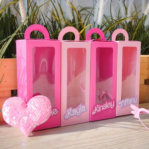 Hot Pink Doll Boxes, Personalised Party decorations,Doll Favor Boxes with Custom Name Sticker,Kids birthday party