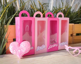 Hot Pink Doll Boxes, Personalised Party decorations,Doll Favor Boxes with Custom Name Sticker,Kids birthday party