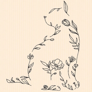 Può includere: Illustrazione a linea di una silhouette di gatto realizzata con viti floreali e foglie. Il gatto è seduto con la coda avvolta intorno alle zampe. I fiori sono stilizzati e hanno un design semplice.