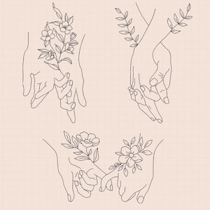 以下が含まれることがあります： 3組の手が花を持っている線画イラスト。手はシンプルでミニマルなスタイルで描かれており、花は繊細でフェミニンです。イラストは、グリーティングカード、招待状、ソーシャルメディア投稿など、さまざまなクリエイティブプロジェクトに最適です。