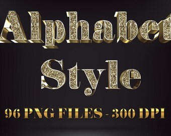 3D Glamor Gold Glitter Alphabet PNG, Deluxe Alphabet Clipart, Gold Glitter, Sparkle letters, Numbers, Symbols, 96 PNGs, Digital download