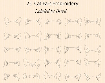 25 motifs de broderie oreilles de chat, classés par race, motif de broderie animal, motif de broderie Machine chat, dessin au trait, 5 tailles, téléchargement immédiat