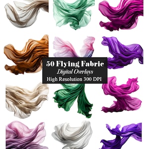 May include: 50 digital overlays of flowing fabric in various colors, including beige, green, pink, purple, and brown. The fabric is arranged in a variety of swirling and flowing patterns. The text "50 Flying Fabric Digital Overlays High Resolution 300 DPI" is displayed in the center of the image.