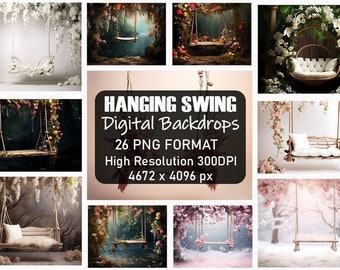 26 Beautiful Hanging Floral Swing Digital Backdrop, Swing Portrait Digital Overlays, Photography Digital Backgrounds, Digital Download