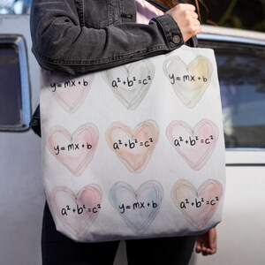 Sac fourre-tout pour professeur de mathématiques, coeurs aquarelles et formules mathématiques, joli cadeau pour professeur de STIM, cartable de rentrée, sac fourre-tout pour professeur amour ringard