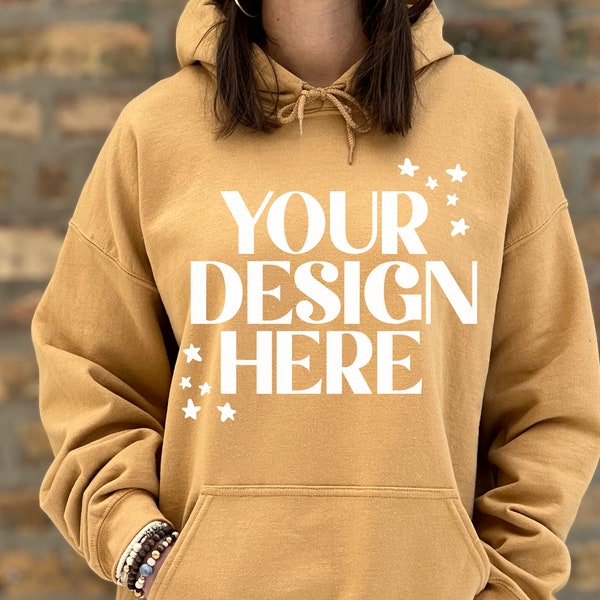 Old Gold Hoodie Model Mockup, Gildan 18500 Oversized XL Hooded Sweatshirt Front, G185 Outdoor Aesthetic Mock Up, Digital Download JPG POD