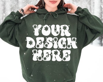 Forest Green Aesthetic Hoodie Mockup, Gildan 18500 Oversized Hooded Sweatshirt Front, Female Model Outdoor Snow Mock, Digital Download POD