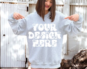 Ash Gray Sweatshirt Mockup, Gildan 18000 Light Grey Pullover Front, Fun Rustic Western Farm Lifestyle Model Mock Up, Digital Download POD