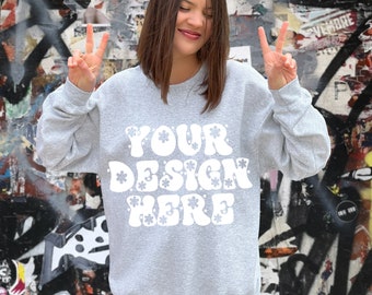 Ash Gray Sweatshirt Mockup, Gildan 18000 Light Grey Pullover Front, Urban City Peace Sign Lifestyle Model Mock Up, Digital Download POD JPG