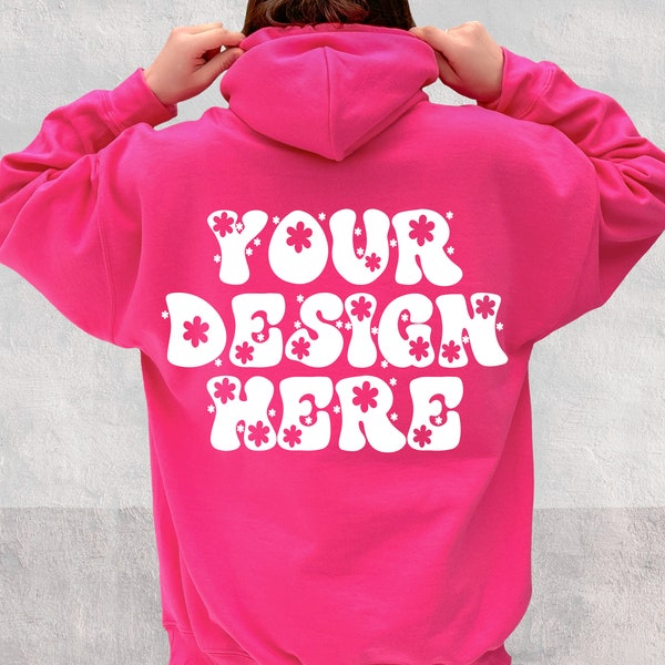 Gildan 18500 Heliconia Hoodie Mockup, Oversized XL Hot Pink Hooded Sweatshirt Back, G185 Outdoor Model Mock Up, Digital Download JPG POD