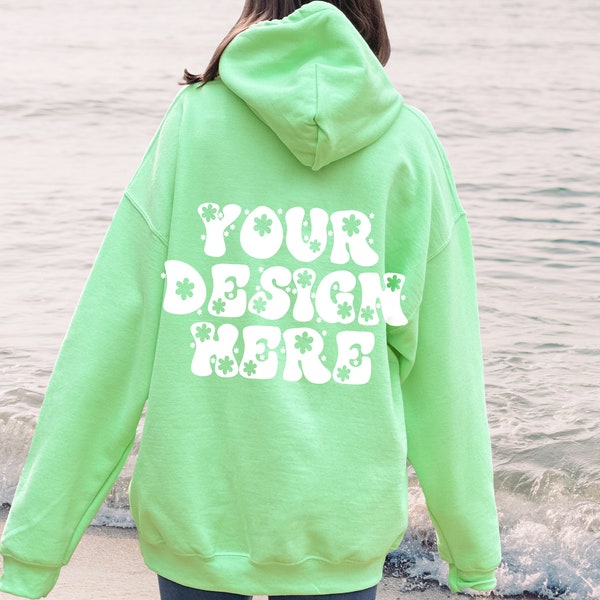 Mint Green Hoodie Mockup, Gildan 18500 Oversized XL Hooded Sweatshirt Front, Aesthetic Beach Lifestyle Model Mock, Digital Download JPG POD