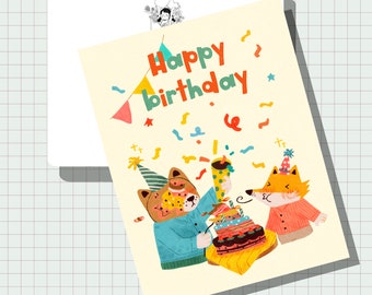 Feliz cumpleaños del oso y el zorro postal / tarjeta ilustrada