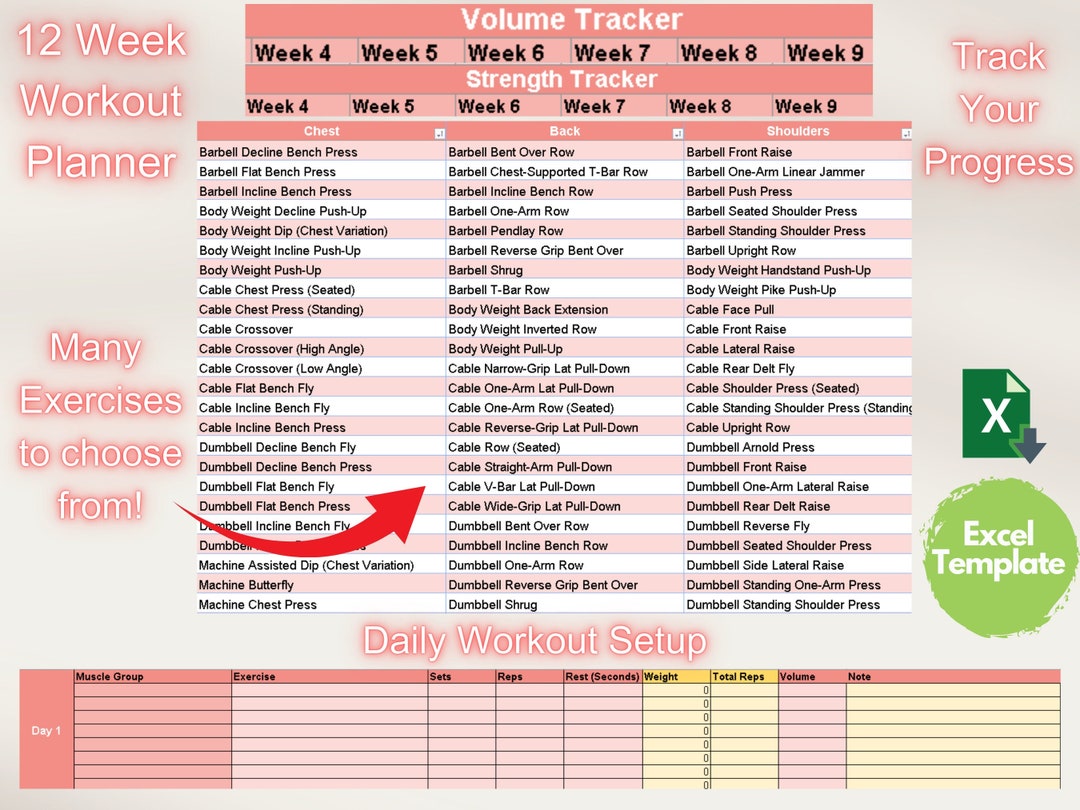 Pink Workout Planner Excel Template | Pink Fitness Workout Planner ...