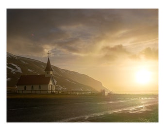 Icelandic Church at Sunset, Seascape Landscape Photography Print, Wall and Art Decor