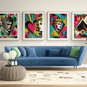 Pop Art Playing Cards Set of 4 high quality prints for Ace, Jack, Queen, King, wall decor, wall art, trendy print, digital print, poker image 1