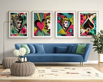 Pop Art Playing Cards - Set of 4 high quality prints for Ace, Jack, Queen, King, wall decor, wall art, trendy print, digital print, poker