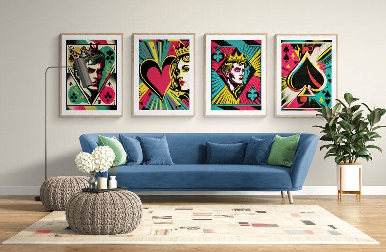 Pop Art Playing Cards Set of 4 high quality prints for Ace, Jack, Queen, King, wall decor, wall art, trendy print, digital print, poker image 1