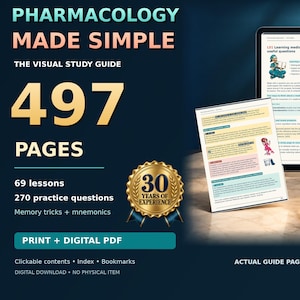 Puede incluir: Guía de estudio visual Pharmacology Made Simple edición 2027 con 497 páginas, 69 lecciones, 270 preguntas de práctica y trucos de memoria. Incluye un sello dorado 30 years of experience, opciones PDF digital e impreso, y páginas.