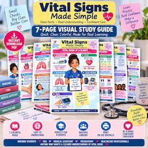 May include: A 7-page visual study guide titled Vital Signs Made Simple, featuring colorful charts, diagrams, and illustrations of medical equipment like a stethoscope and pulse oximeter. The guide includes text about temperature, pulse, respiration, and blood pressure for nursing and healthcare students.