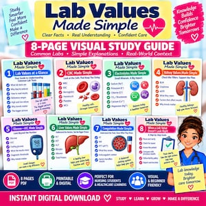 May include: An 8-page visual study guide titled Lab Values Made Simple, featuring eight numbered sections covering topics like CBC, electrolytes, kidney, glucose, liver, and coagulation values, with medical illustrations and text throughout.