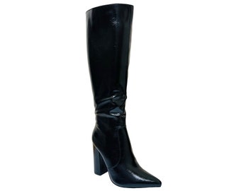 Womens Leather Look Metallic Knee High Boots